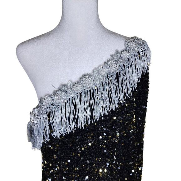 Retro 1920s Sequined One Shoulder Fringe Flapper Dress Womens Size 4XL Black Gat - Picture 2 of 7